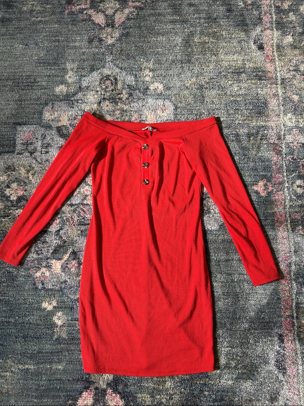 Charlotte Russe Off-Shoulder Ribbed Red Midi Dress with Front Buttons Size M